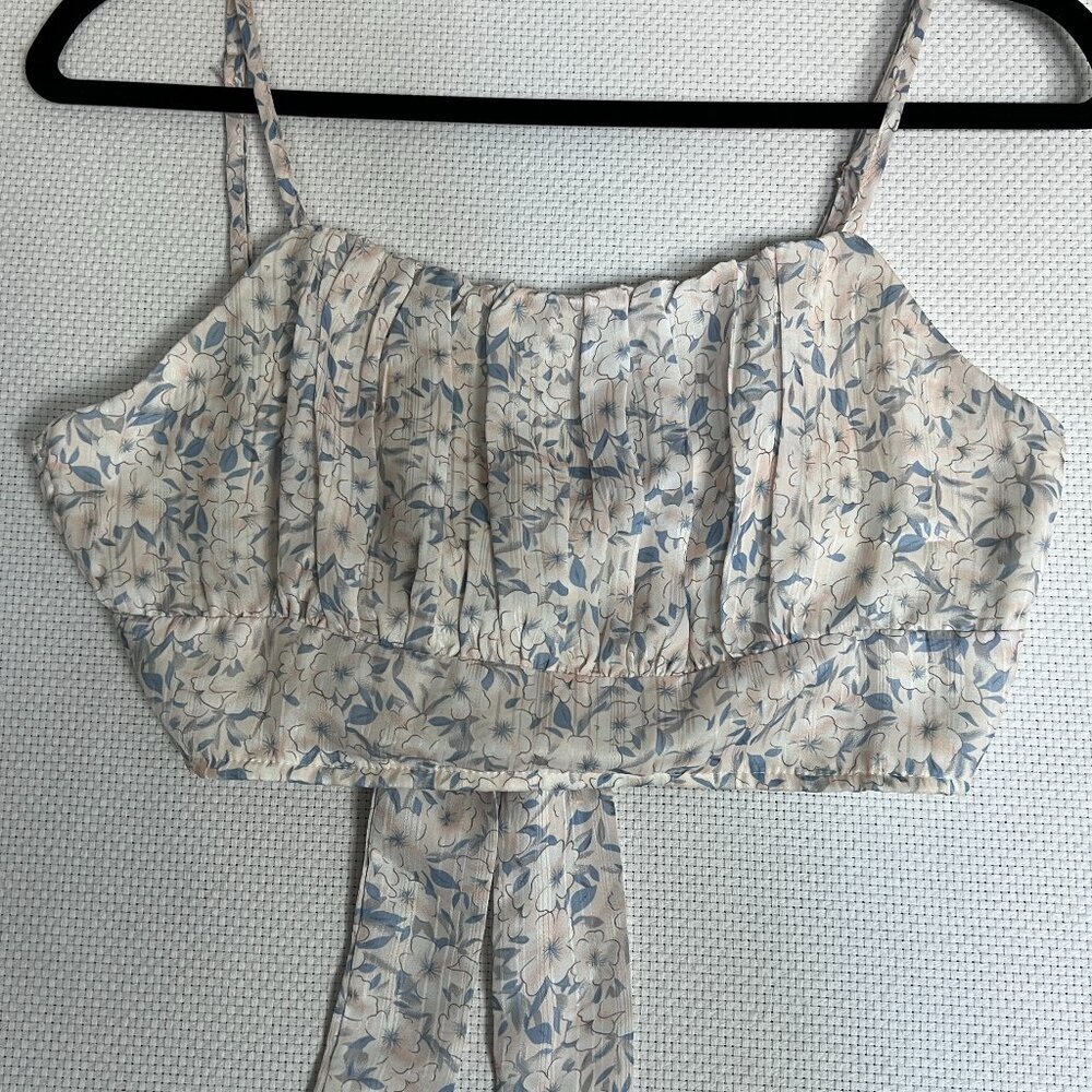 Floral Pleated Tie Back Crop Top Pastel Blue Peach‎ Size Small